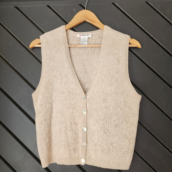 Talbots Sweaters - Vintage Talbots Ramie Cotton Embroidered Sweater Vest Neutral Cottagecore Button
